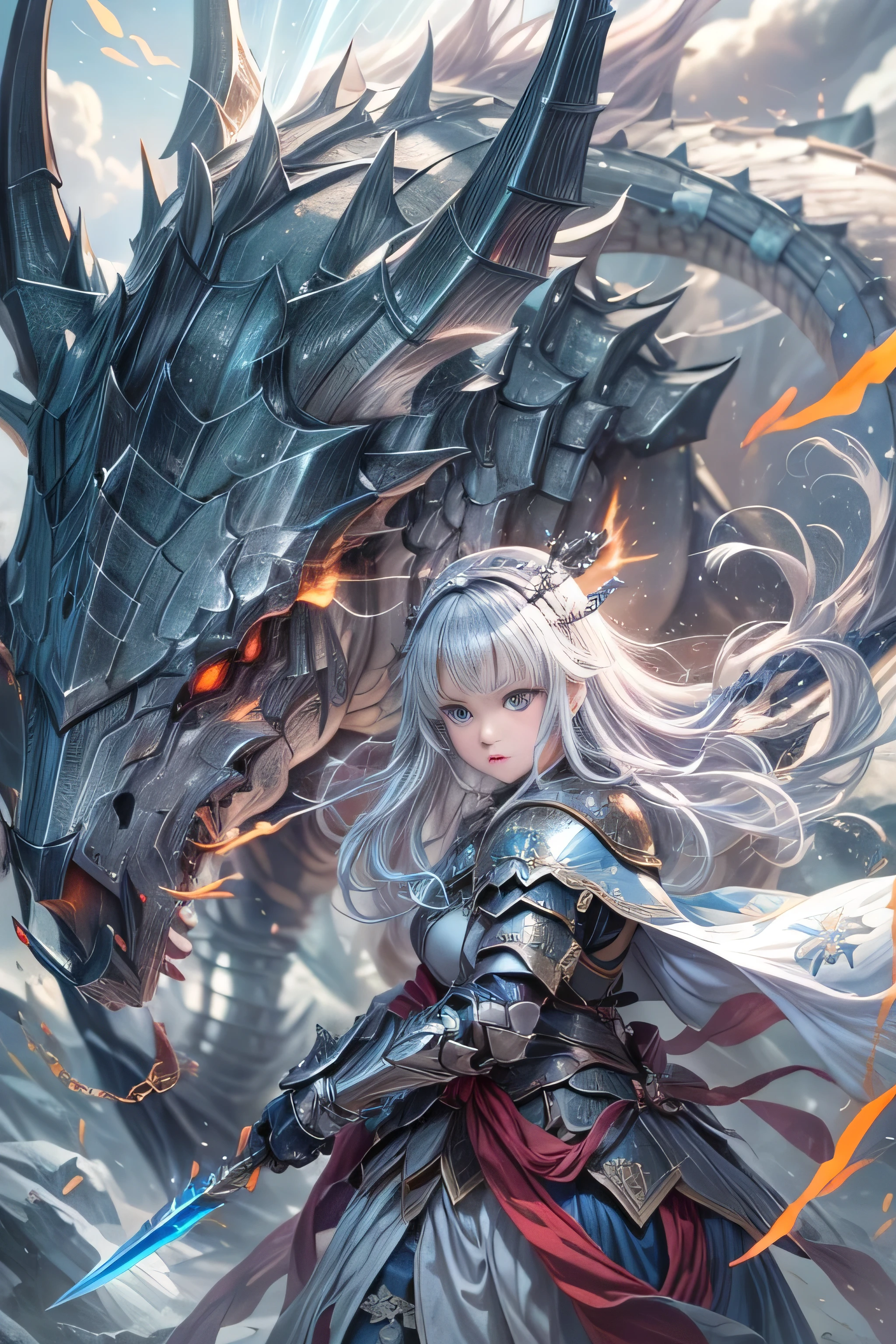 A female knight recognized by the legendary holy sword Excalibur、With the protection of the spirit of light, it emits an aura of light.、8k.Half Russian and half Japanese、Russian face、beautiful girl、A princess with the title of Dragon Slayer、、Small face、Young face、Big eyes、Skinny、Small breasts、(((Silver Hair、Silver Hair)))、With bangs、(((High resolution big beautiful light blue glowing eyes, )))、Shortcuts、Bobcut、(((Red ribbon in hair、Floral decoration)))、Partially braided、Transforms into an armored knight at the call of the holy sword Excalibur.、Large sword、A holy sword that emits a pale blue light、((god々He holds up his sword, shining a deep blue, to the sky.))、god々A sword that shines brilliantly、Magic Sword Light Shield、Armor of Light、fantasy landscape、Fantasy、(Battle with the Dark Knight、Fighting the Demons、Fighting the beastmen)A dragon knight riding a flying dragon through the sky、The sword swings down, leaving a trail of light in its wake.