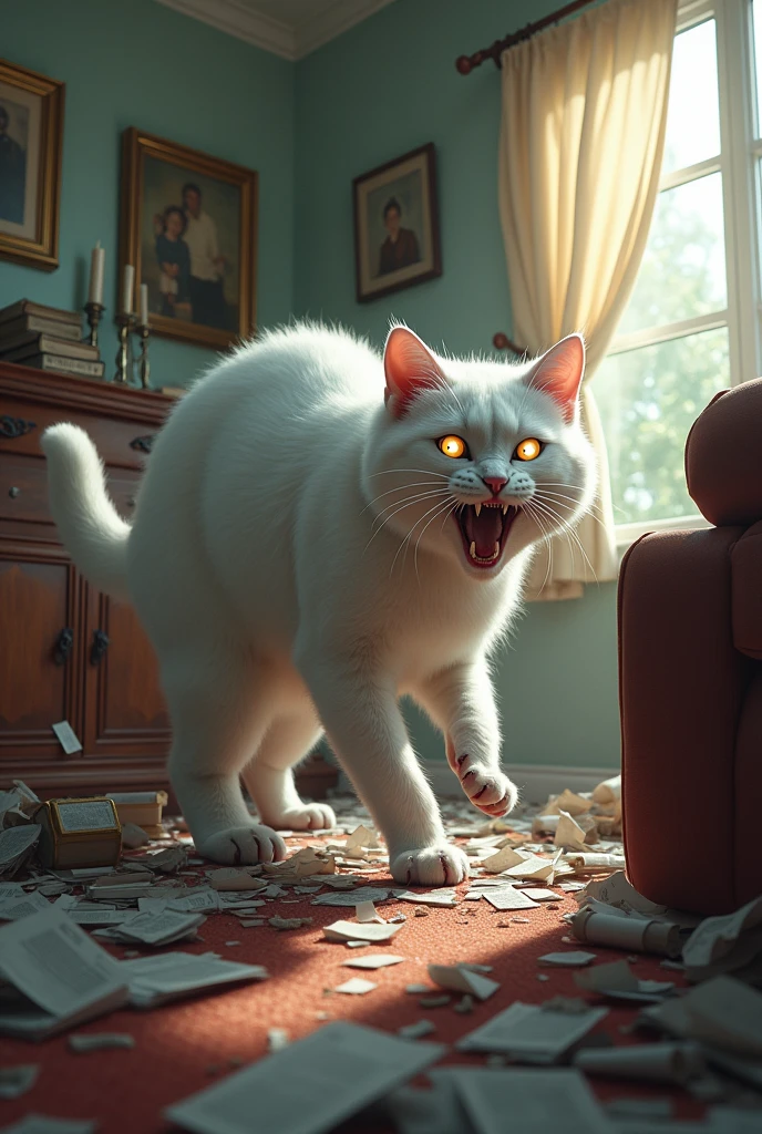 A chaotic scene in the living room with the zombie white cat knocking over items and causing havoc 
