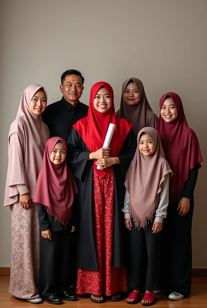 Family photo of a girl graduating wearing a red kebaya and a black toga and wearing a red headscarf carrying a diploma in her hand., attended by six members of his family, father, mothers who wear hijab, Kaka wears hijab, Brother,  brother and  brother