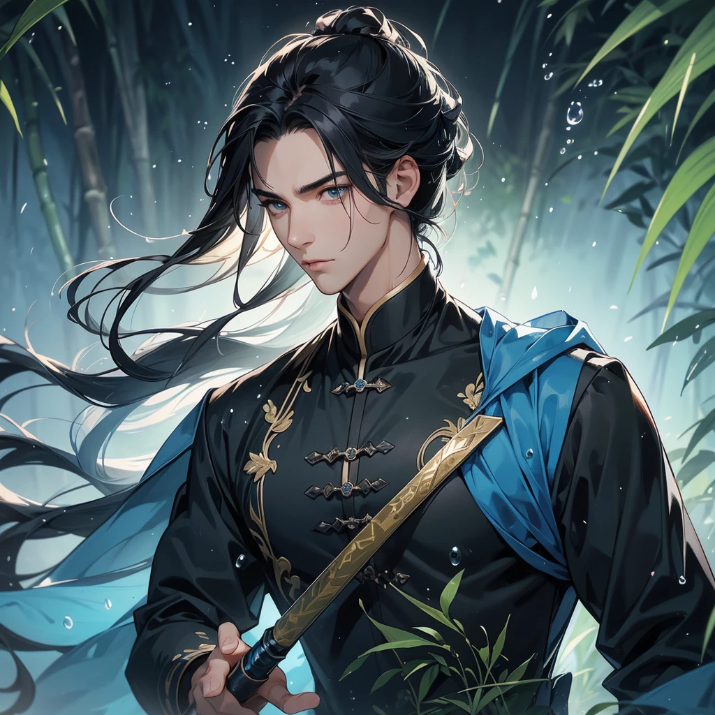 A Handsome black-hair male holding a large sword in an blue-black ancient chinese costume, close up.
The back is a lush green bamboo forest. The air after rain has water droplets splashing around.