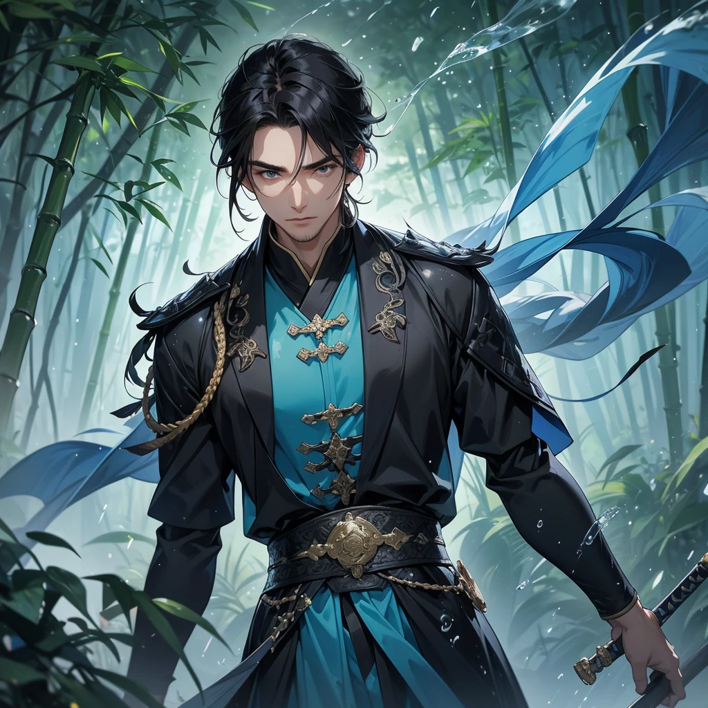 A Handsome black-hair male holding a large sword in an blue-black ancient chinese costume, close up.

The back is a lush green bamboo forest. The air after rain has water droplets splashing around.