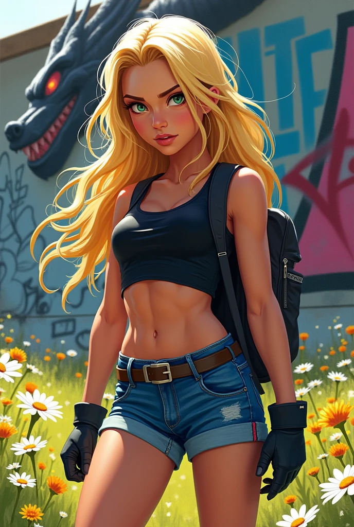 a young woman, full body, a cartoon character wearing a black sleeveless crop top and blue denim shorts, black belt, long wavy blonde hair, gloves, and 16k, hyper realistic digital in acrylic paint, watercolor, Oil with bright colors, with a meadow background with spring flowers and graffiti on the wall, a painting of a fierce dragon in graffiti, more realistic, with a backpack on his back,
