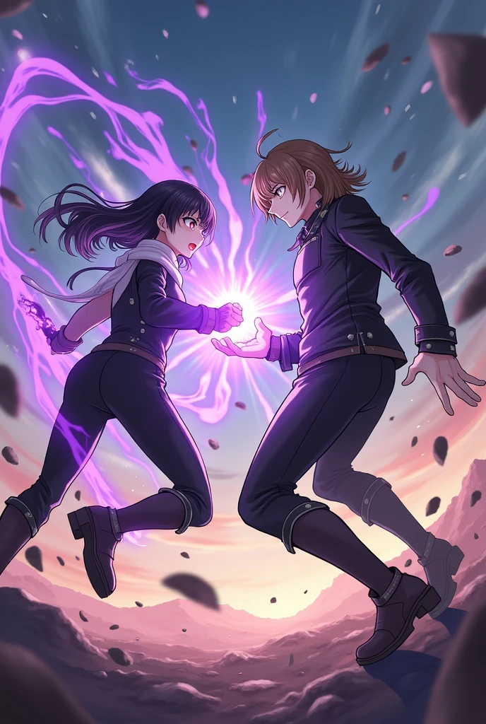 Make an image of the white male character with brown eyes and hair, with medium length hair parted in the middle with black clothes holding a purple power. and one with long black hair and white bangs and red eyes, with a short black jumpsuit long black hair with black power in her hand Using powers on an anime style battlefield