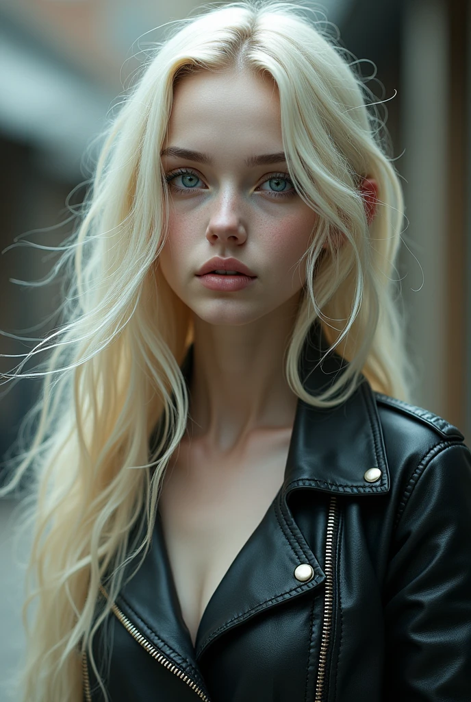 Make a woman pale, with long hair strands. Thin enough to have visible bones. She carries a stunning beauty. 
Make this same woman wear biker gear. Short and with leather. Must be an icon to be used in profile picture.
And don't forget, she needs to be VERY pretty.
She needs to be delicate. She just has HER HAIR IS BLONDE AND HER SKIN IS PALE She needs to look youthful. 
dainty