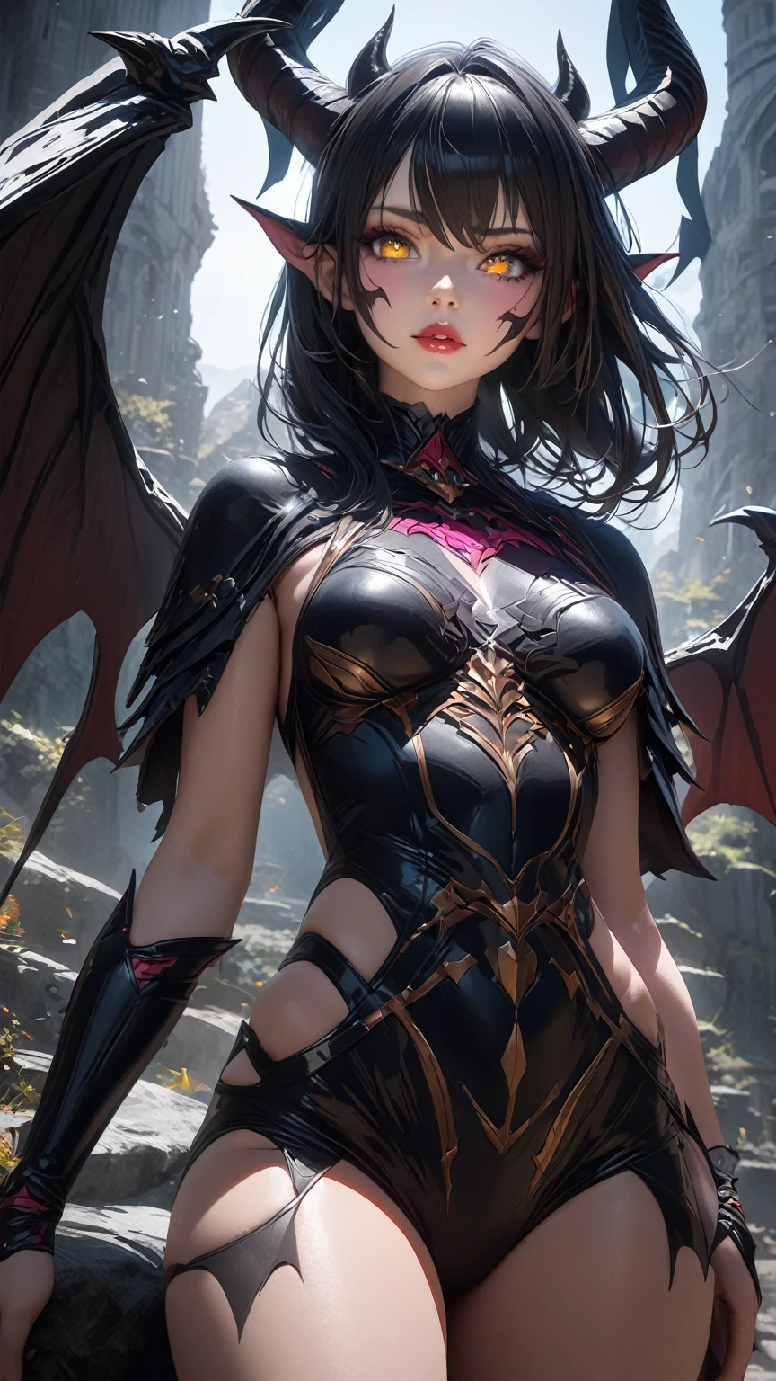 detailed textures, high quality, high resolution, high accuracy, Realism, color correction, correct lighting settings, harmonious composition.cute anime girl demon with big wings,1 girl,detailed face,beautiful detailed eyes,beautiful detailed lips,чcutвычайно детализированный скин,long eyelashes,horns,bat-like wings,detailed feathers,dark fantasy,digital painting,conceptual art,dramatic lighting,cinematic,bright colors,very detailed,8 K,masterpiece, ПЕРЕРЫВ masterpiece, high_cut, Beautiful face, Tyndall effect, photo realistic, (high detailed skin:1.2), 8 K uhd, high quality, high cutolution, 4K, 8 K, hips