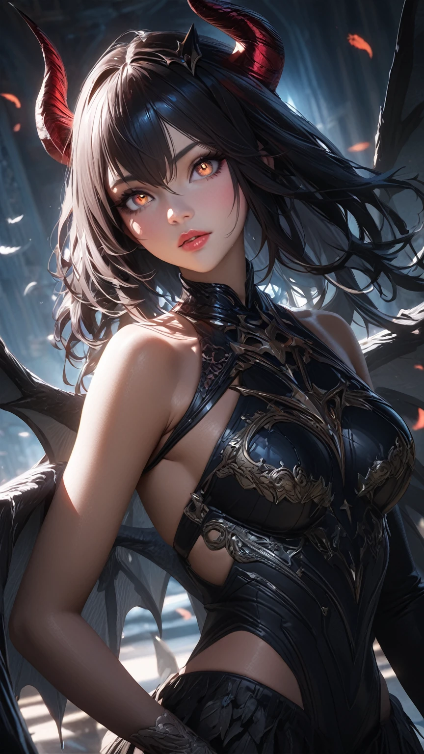 detailed textures, high quality, high resolution, high accuracy, Realism, color correction, correct lighting settings, harmonious composition.cute anime girl demon with big wings,1 girl,detailed face,beautiful detailed eyes,beautiful detailed lips,чcutвычайно детализированный скин,long eyelashes,horns,bat-like wings,detailed feathers,dark fantasy,digital painting,conceptual art,dramatic lighting,cinematic,bright colors,very detailed,8 K,masterpiece, ПЕРЕРЫВ masterpiece, high_cut, Beautiful face, Tyndall effect, photo realistic, (high detailed skin:1.2), 8 K uhd, high quality, high cutolution, 4K, 8 K, hips