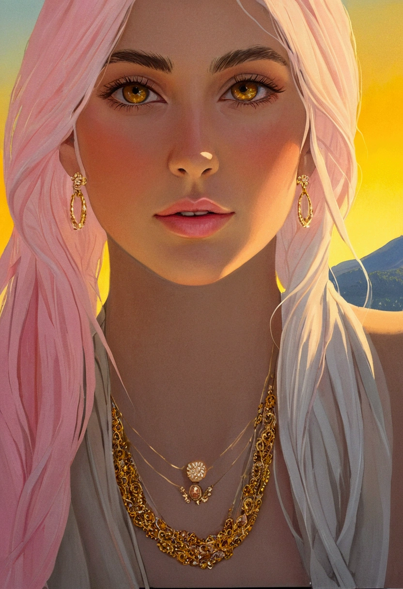1 fille, expression heureuse, Yeux charmants, Cheveux longs et raides, Jupe fluide, grand, en regardant le soleil, position calme, peau de porcelaine, blush subtil, pendentif en cristal BREAK heure d&#39;or, (Éclairage de bord): 1.2, couleurs fraîches, éruption solaire, Ombres douces, couleurs vives, effets de peinture, ambiance fantastique PAUSE Lacs pittoresques, montagnes lointaines, pins, sommets des montagnes, reflets,