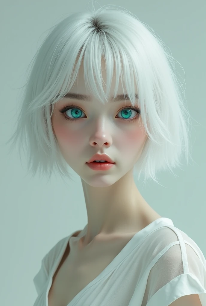 young adult woman, with blue right eye and green left eye, short white hair