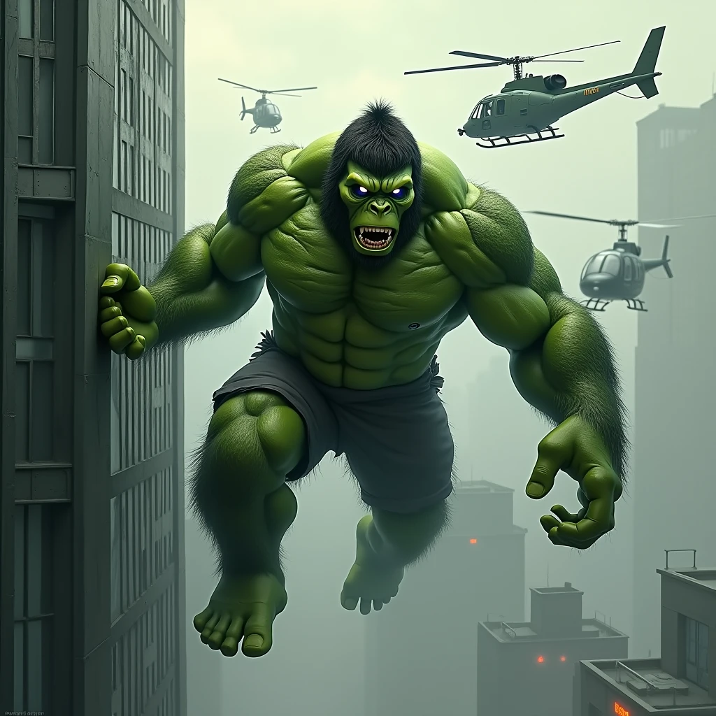 Hulk and gorilla hybrid version.The gorilla looks like hulk and is wearing a green Hulk  suit. The gorilla is also wearing a Hulk face mask. And he is hanging from a building. Some helicopters are also flying around the building