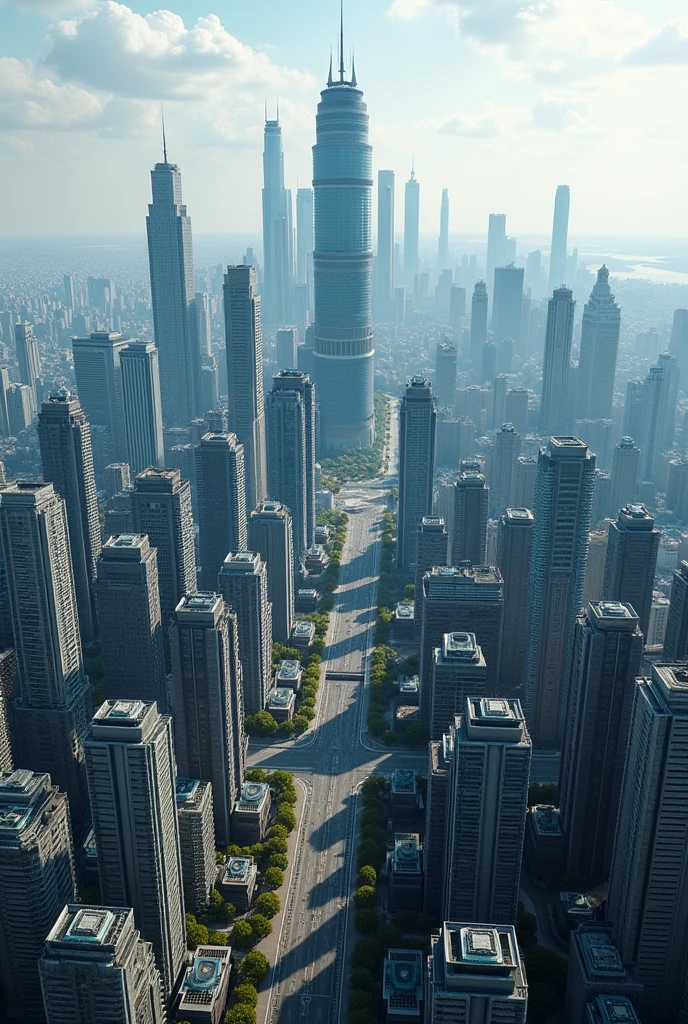 Build a modern, dense city with no empty spaces. The city's zoning should have large skyscrapers in the center and as it moves away from the center, the height of the buildings will also gradually decrease until reaching peripheral areas with low buildings., and there is no setback area between the buildings, being well compacted and together. Master the city from afar for its shape.