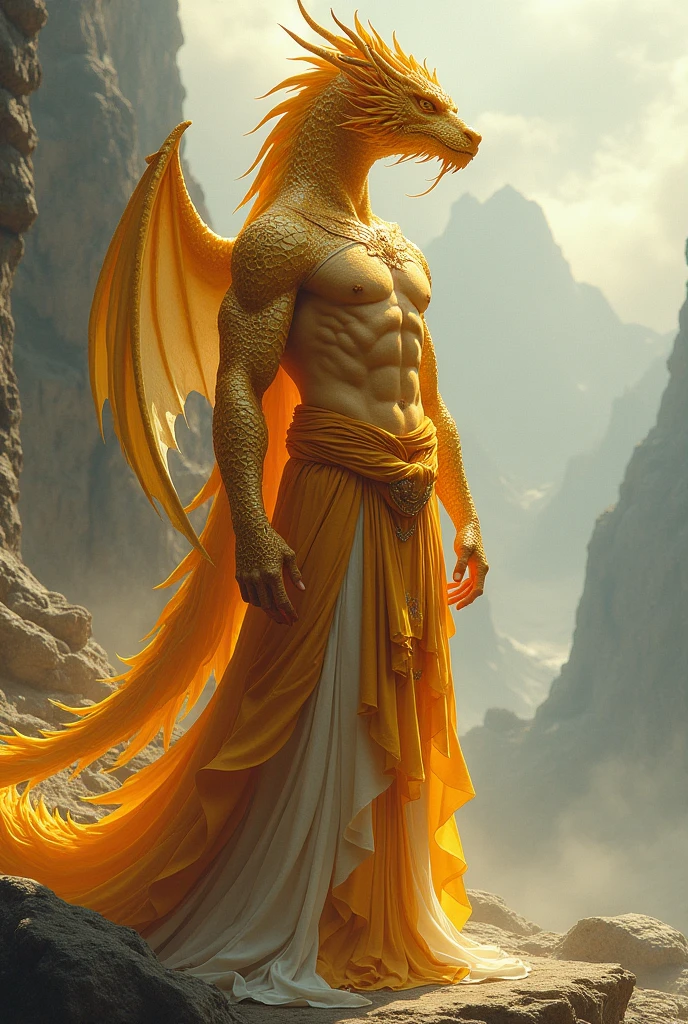 Make a half human and dragon that is a monk and is golden and has no wings that is a man of 2,10 meters tall and very strong