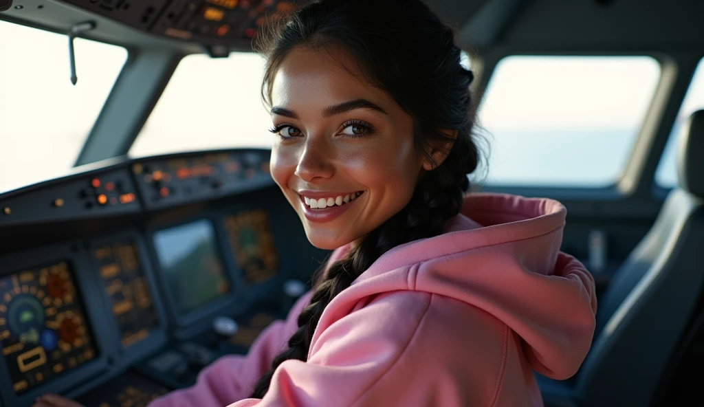 (photorealism: 1.2), hot brazilian sexy girl in sexy dynamic pose. raw portrait photography, hyper realistic and detailed face, complex and realistic skin texture, hot body, athletic body, smiling, long black hair with braid, dressed with long pink sweatshirt in the cockpit airbus
