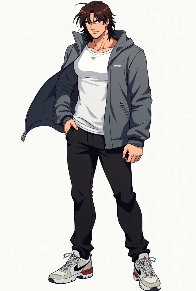 filter: Voltron drawing, A slightly muscular, somewhat feminine man with medium-long brown to black hair, a white compression shirt and a gray jacket, black pants and wears tennis shoes