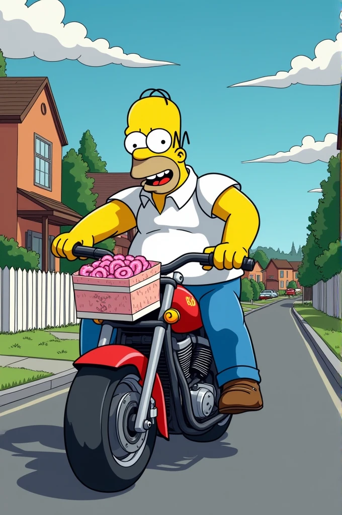 Homer Simpson on a motorcycle delivering pink donuts