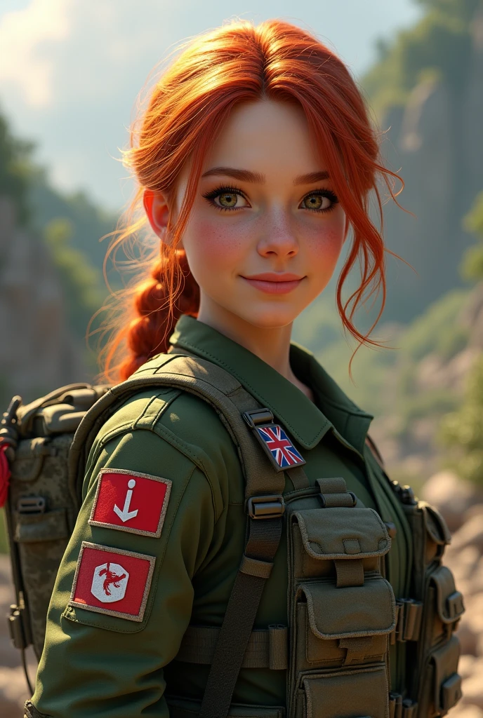 A realistic soldier redhead woman, At her 15's, dressed in a digital green camouflage uniform, with a bright smile on her face, with the Militaire Sans Frontieres Flag on her arms