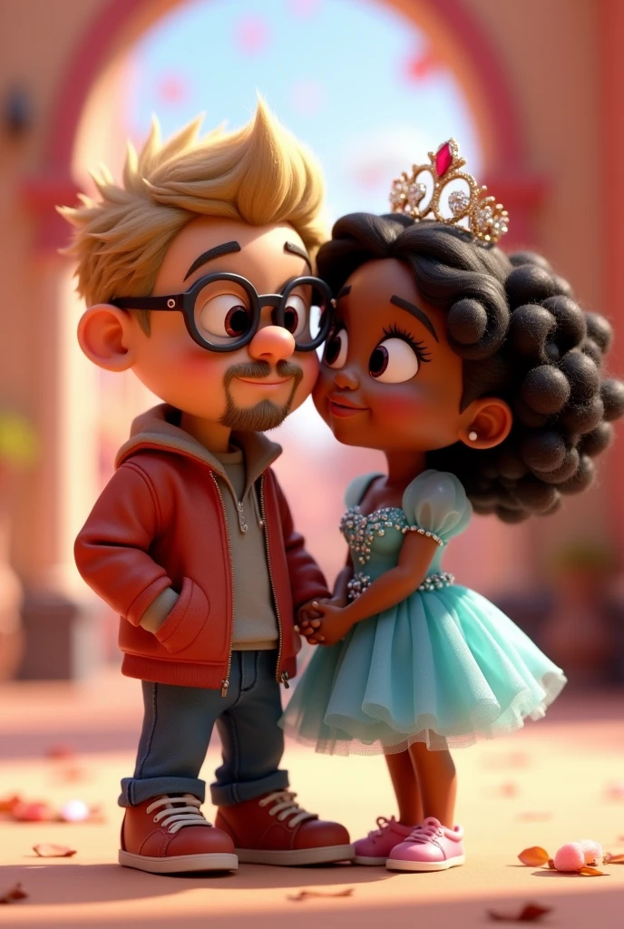 pixar 3d effect, couple in love, he young chubby, taz's clothes, light hair, goatee, wearing glasses, she has light brown skin, curly hair, black curly hair, ice queen outfit, Diamond Crown
