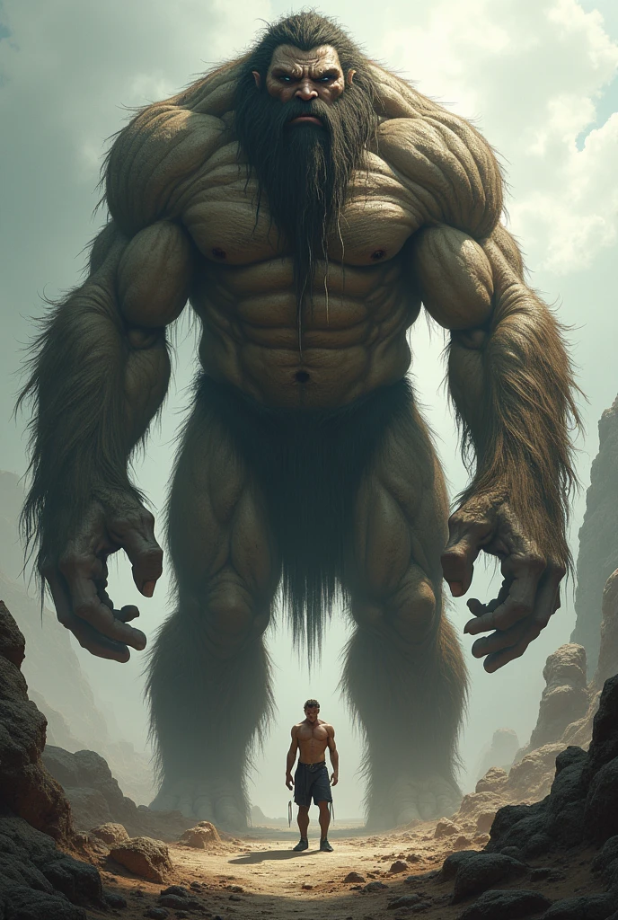 Group of primitive giant men next to a smaller man