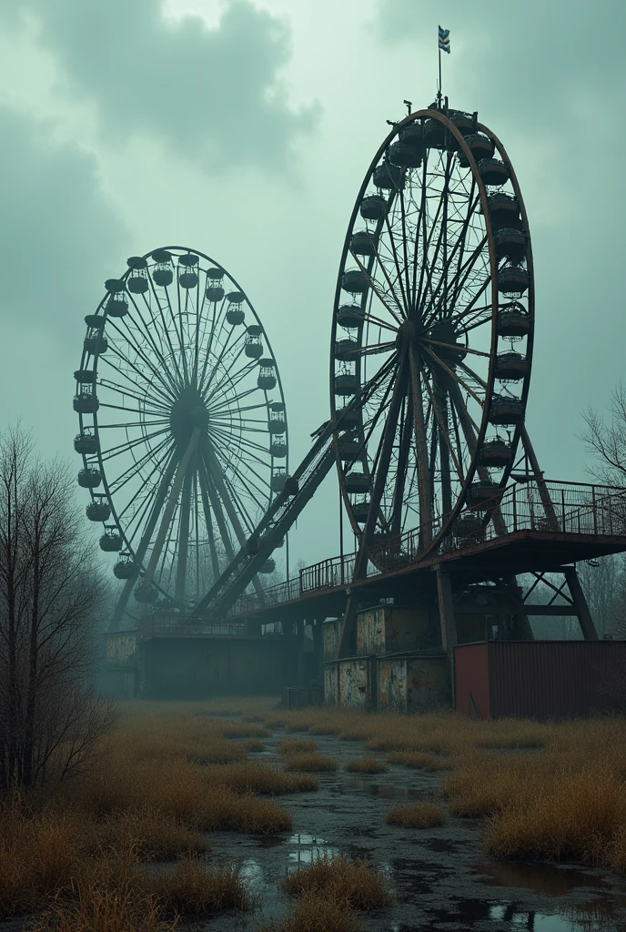 Image of abandoned amusement park , rollercoaster , ferris wheel