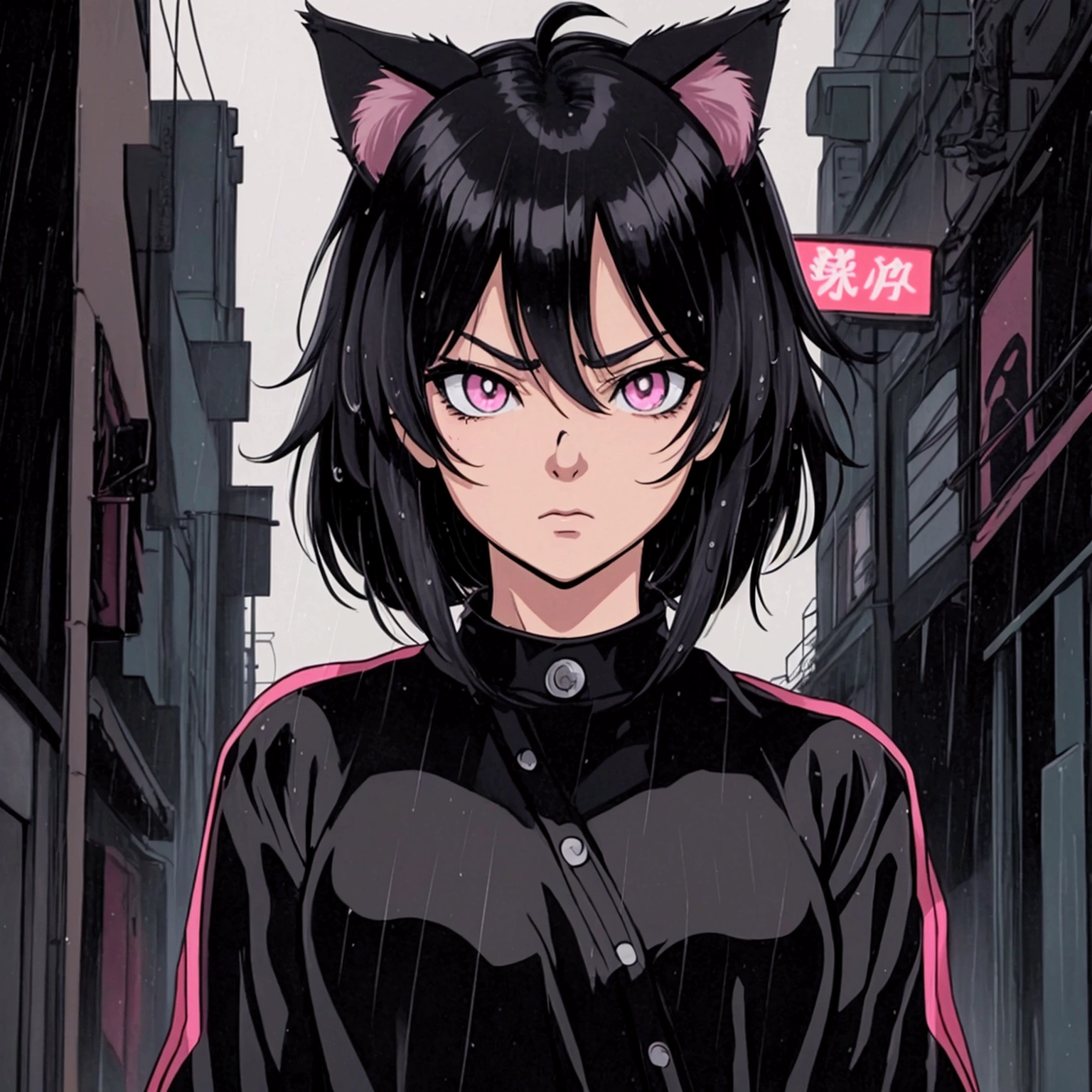 Create an anime character in the '80s' style with striking facial features, large and expressive eyes. The character must have a serious expression, a girl with cat ears and short black hair, do it with black clothes and a full body and in the background the night with rain