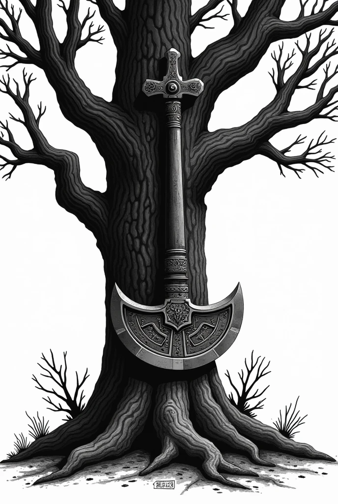 viking axe stuck in tree linocut black and white