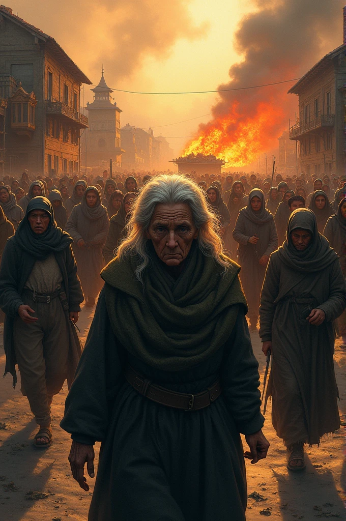 *: The last scene shows the chaos in the village: people carrying their belongings, animals, and children in carts, while some houses burn in flames in the background. The old woman of foreboding is among them, with a sad and scared expression, as he leaves with the crowd.