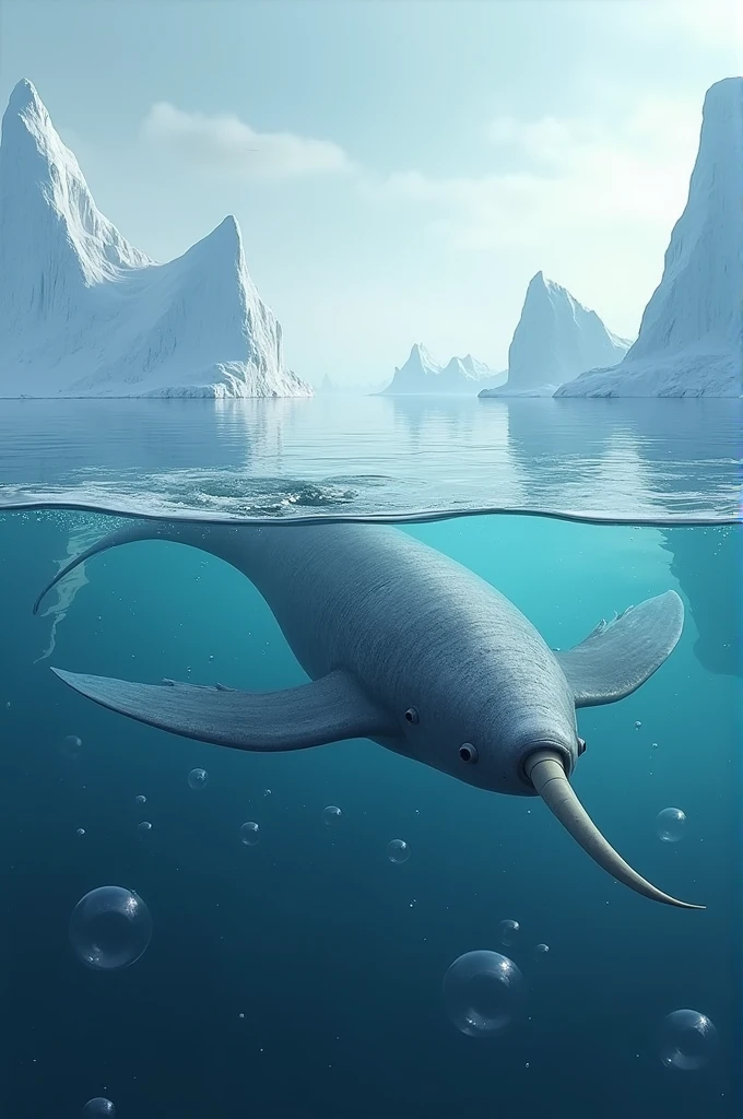 A narwhal gracefully swimming through the cold, blue waters of the Arctic, surrounded by icebergs.