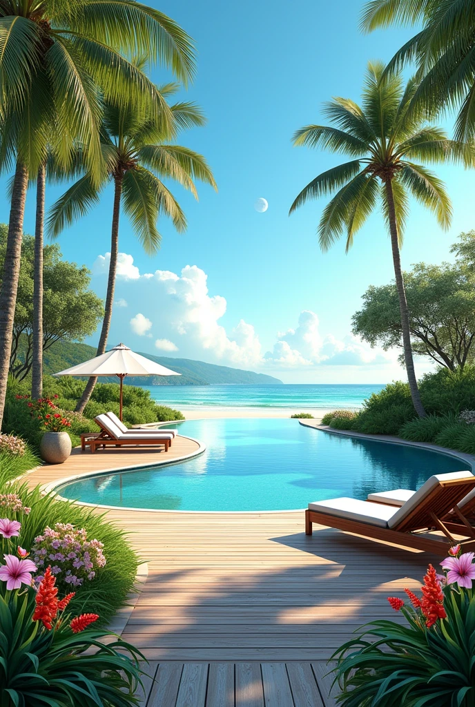 a leisure area with a deck containing beach chairs, parasol and a small table all with a touch of elegance and style, the large, winding pool with an infinity edge and crystal clear waters and a garden with green grass and many flowers of various species and colors, some coconut trees and in the background a blue sky with few clouds and a paradisiacal beach