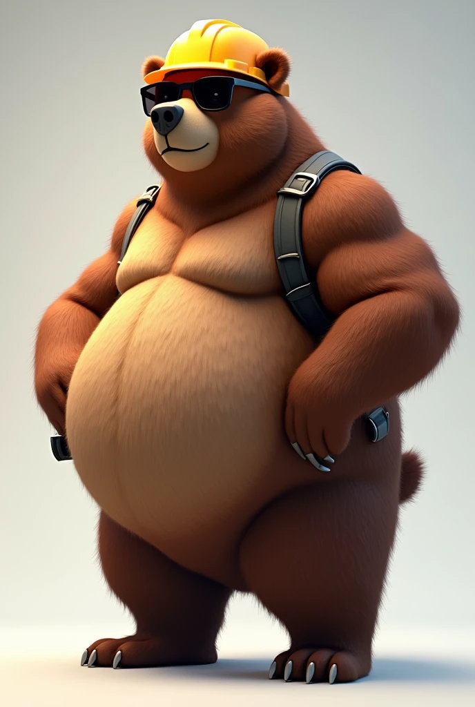 Bear Face, big fit ass, Stately, bonitas, stark, stylish, iron, wearing a construction helmet. sunglasses. with clothese. Pixar-style.