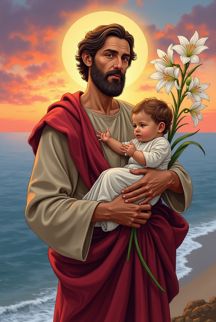 Bookmark of Saint Joseph the Worker holding Jesus in one arm, on the other arm 3 flowering lilies from the same stem, from beside, the sea with the stunning sunset