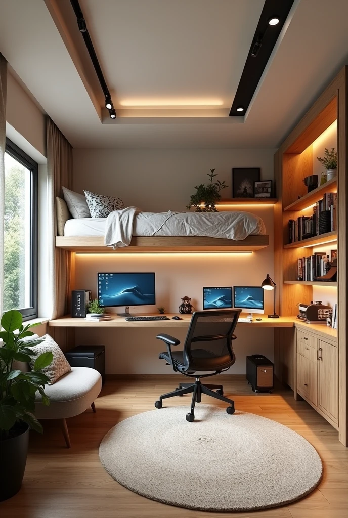 I want you to generate an idea for a room that measures three meters with 15 by 3 m by 15 and the window measures 2 m. I want the room to have an L-shaped desk underneath and a floating bed on top. Likewise, I want a space to place a gamer computer and also an idea of where I could place the television.