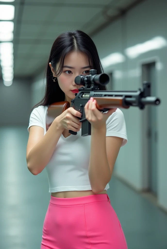 beautiful chinese office lady in pink mini skirt holding rifle aiming with legs spread shooting range target sweet face