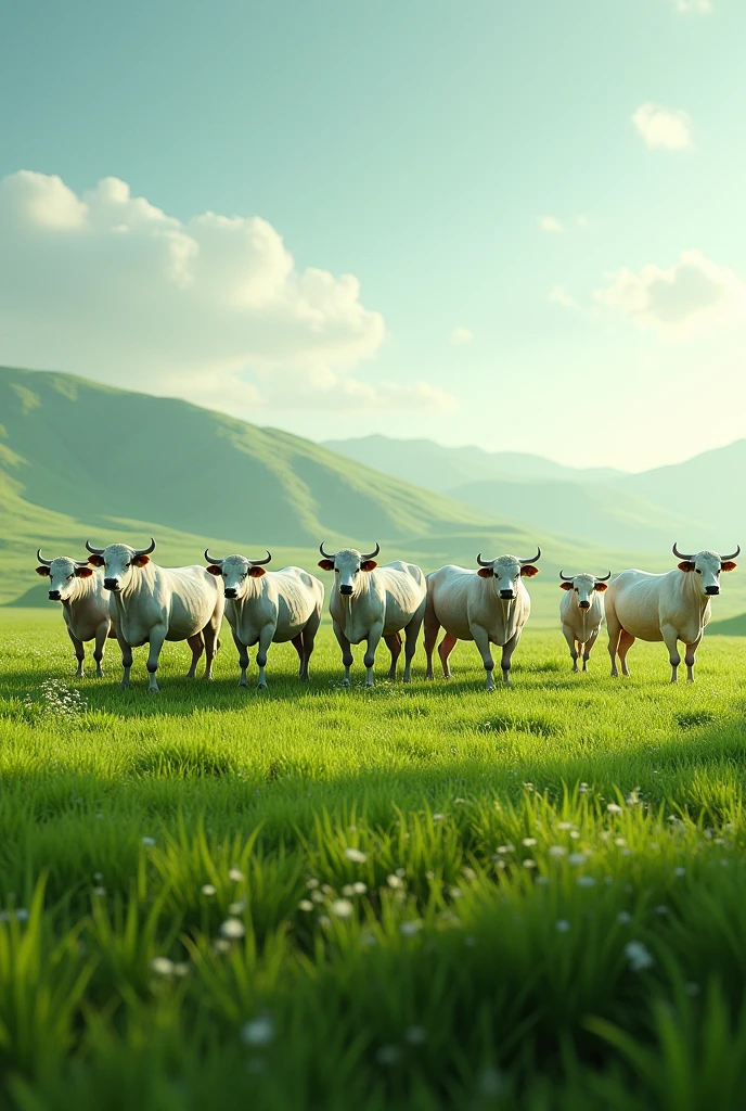 Do a ultra realistic pasture full life green field with a lot of white bulls and cows, with no mountains in background