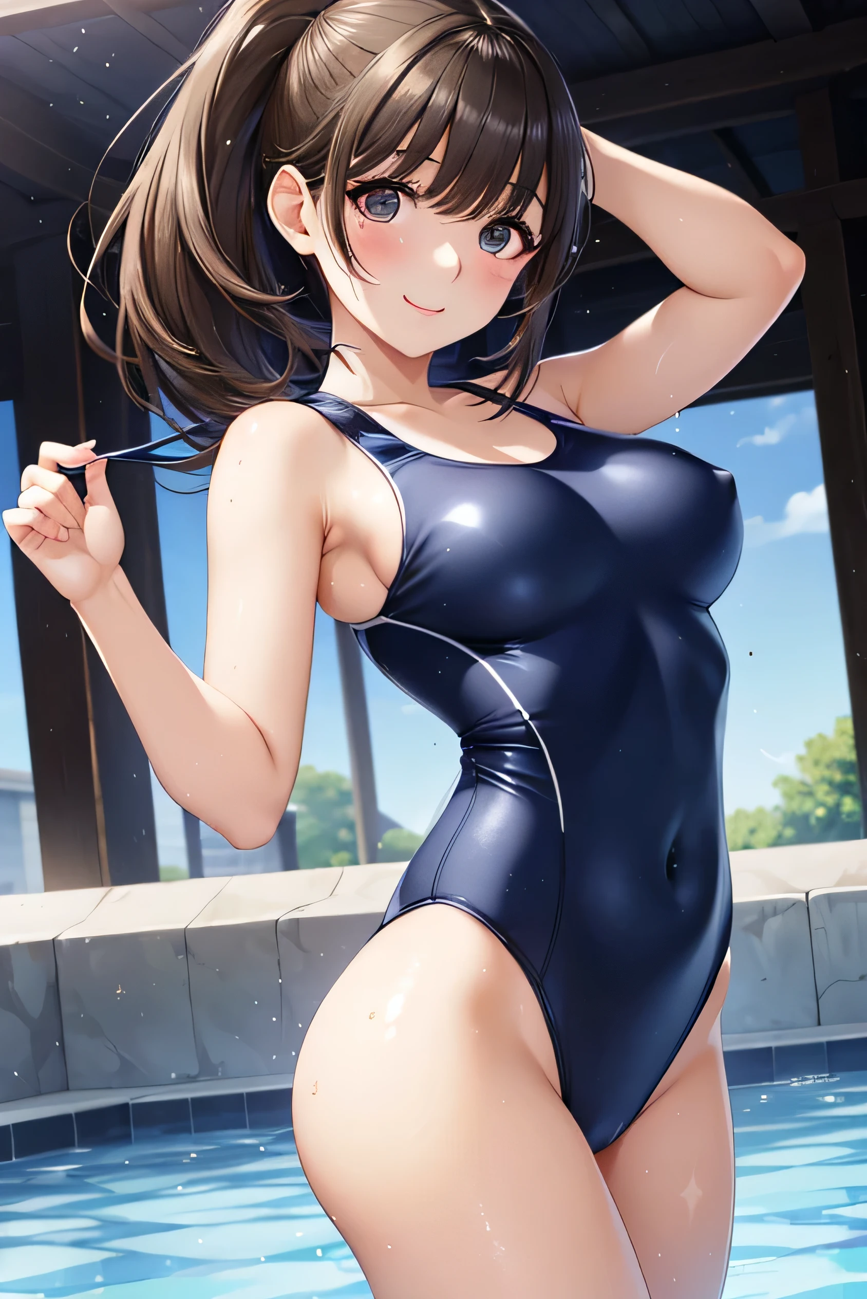 Nene Kasaki々、Shiny brown hair, short hair, (Beautiful brown eyes、Sparkling eyes, fine grain)、smile、Big Breasts,Very beautiful eyes、Highly detailed face, Highly detailed eyes,
(masterpiece,Highest quality,Ultra-high resolution),Japanese women, (((Very beautiful girl))), pretty girl、Look at the photographer、
((Beautiful low ponytail)), Very cute face, Glossy Lips, Double eyelids on both eyes,Natural smile、 Natural Makeup, Long eyelashes, Shiny and smooth hair、Center image, Perfect limbs, Perfect Anatomy,(((Navy School Swimsuit、High leg cut)))、Please move the shoulder straps,Nipples are visible,((See through)),Sweat,,Pool