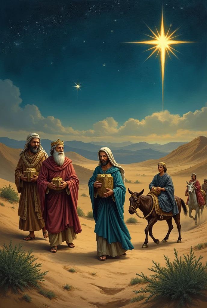 The Three Wise Men and the Flight into Egypt: Some wise men from the east, known as the Three Wise Men, They followed a star to Bethlehem to worship Jesus and offered him gifts of gold., incense and myrrh. Warned in dreams about the danger of King Herod, Joseph, Mary and Jesus fled to Egypt to save the child's life.