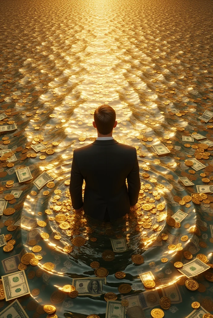 A man in the middle of a huge pool of money. The picture should be from a bird's perspective