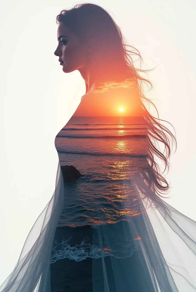 high quality, 8K Ultra HD, A beautiful double exposure that combines an goddess silhouette with sunset coast, sunset coast should serve as the underlying backdrop, with its details incorporated into the goddess , crisp lines, The background is monochrome, sharp focus, double exposure, by yukisakura, awesome full color,