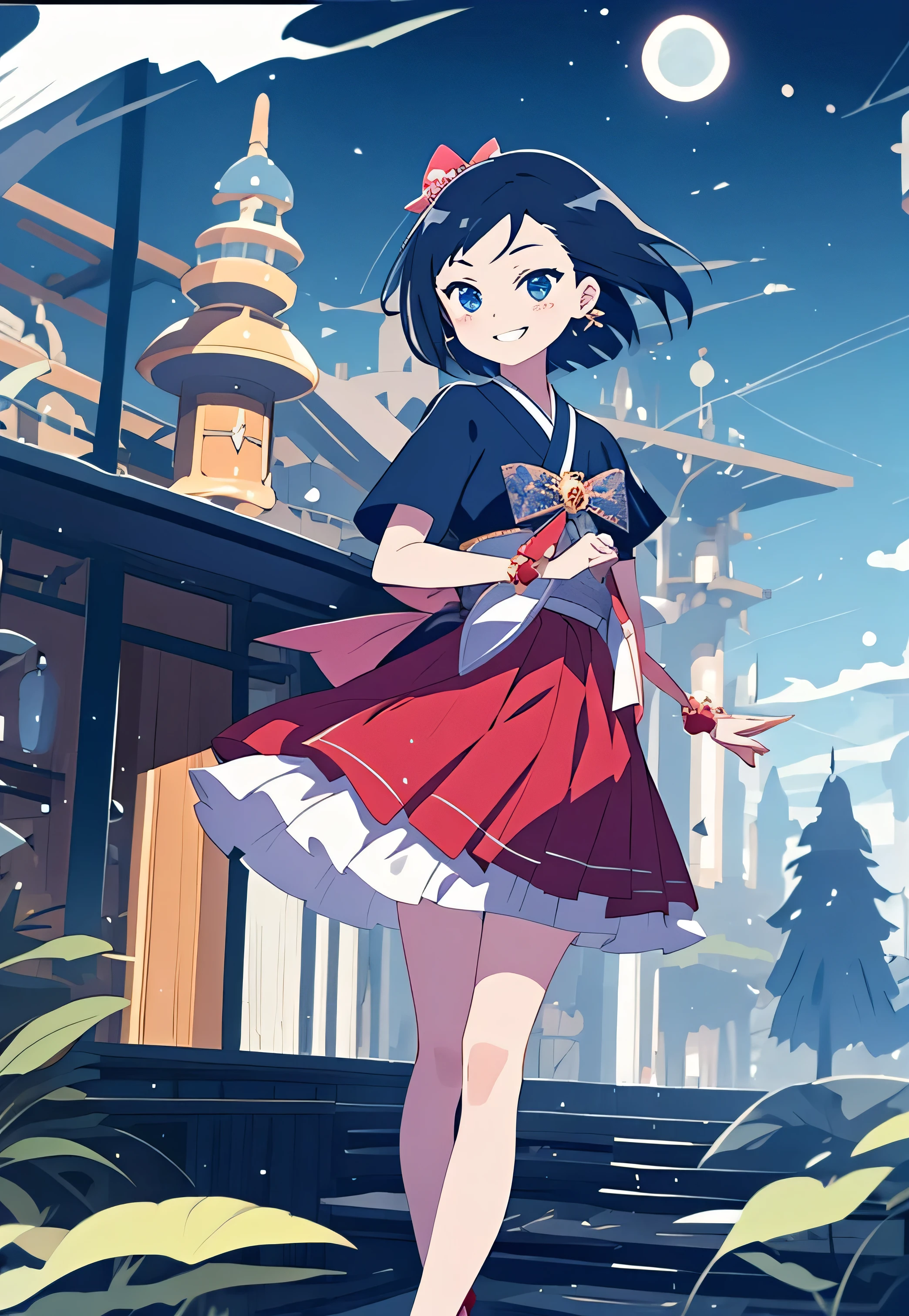 minimalism,1girl, beautiful, smile, mahou shoujo, magical girl, pleated skirt, Japanese scene, bows, frills, ruffles