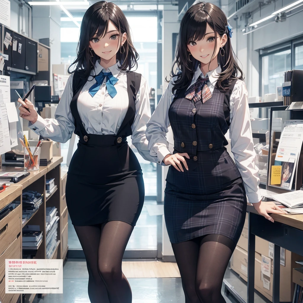 (Best Quality, Masterpiece),Wearing a pink plaid vest, White short sleeved shirt, Gray pencil skirt, Wear stiletto heels, Necklace, earrings, Cute face, Smile, Blushing, Shyness, Glass wall, Ultra Detail, Realistic, Front view, Whole body, stunning, cute, warm smile, hourglass figure, apron, text, chart, advertising, magazine title(Best Quality, Masterpiece), Mag((((1ladyl,)))) (masterpiece), (realistic), (best quality), (ultra-detailed), (wearing in [[white and gray check pattern]] Vest worn over white collared long-sleeved shirt:1.4), (gray vest with buttons:1.2), (Pink Theme:1.2), (blue ribbon ribbon:1.3), (Black theme:1.4), (Tight black pencil skirt:1.5), ((Brown pantyhose)), (high-heels:1.1),longskirt,office desk, office chair,Lulubre Unity 8K Wallpaper, pantyshot, long brown hair, office lady Magazine Cover, 1girl,  amazing, girl, 30 years old, house wiife, warm smile, hourglass figure, text, chart, advertising, magazine title
