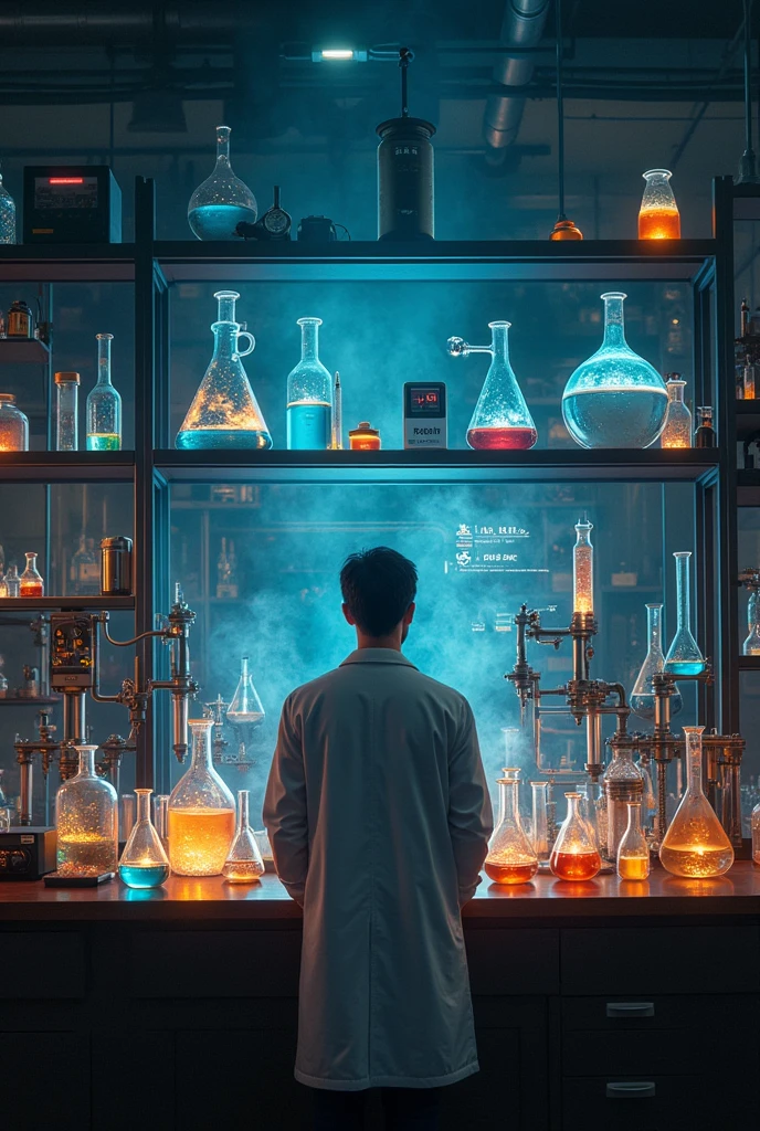 Experimental chemistry bench with element bonds, separation of mixtures and the name Leyde