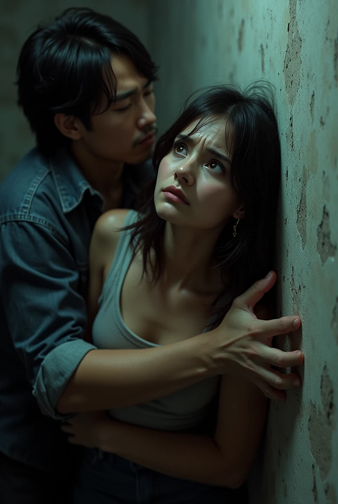 A girl being pushed against wall from behind,and got grabbed around breasts,tight, pressing against, scared face