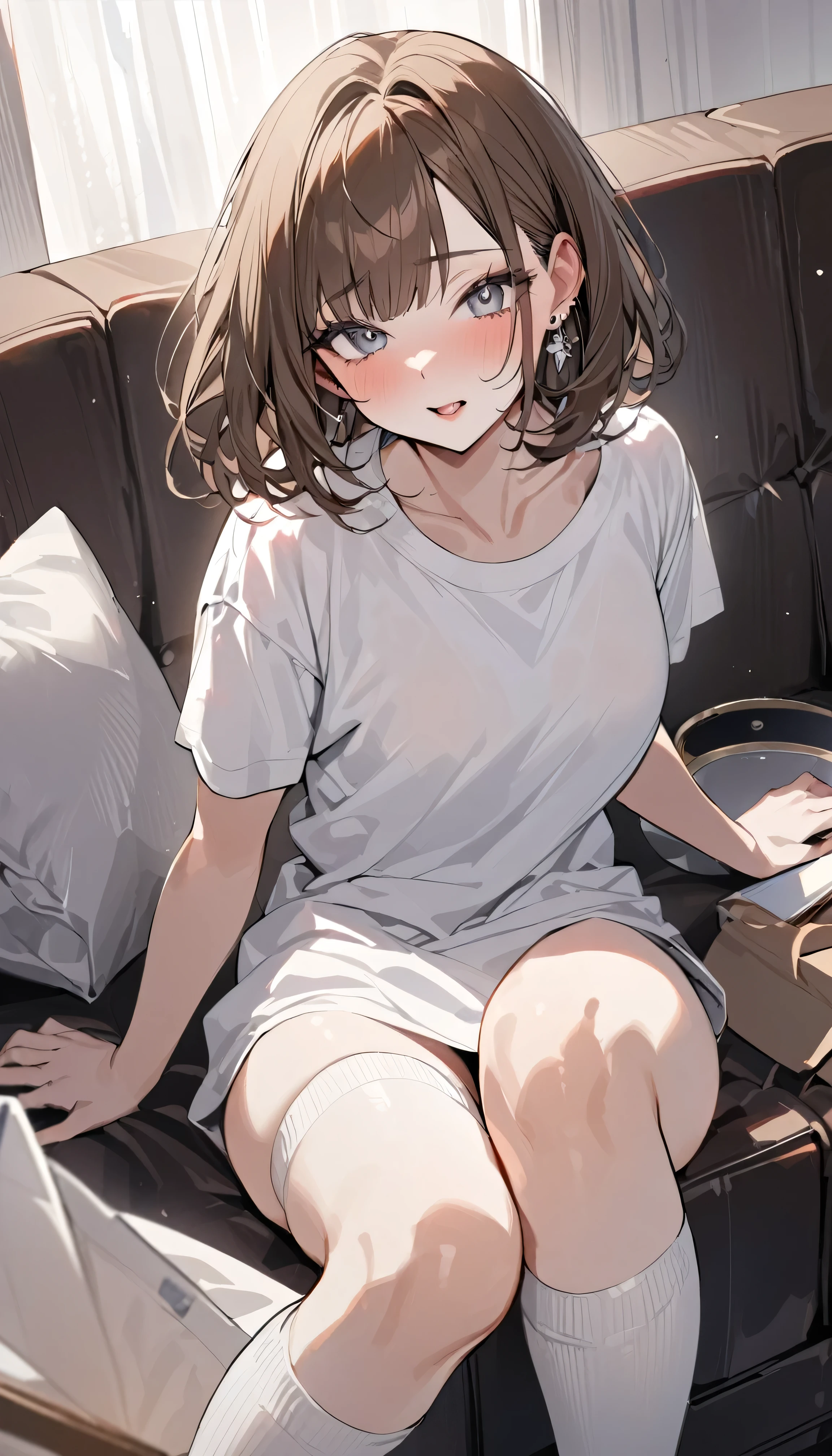 One Girl, Highest quality:1.5,Boyfriend Shirt,Knee-high socks:1.0,Absolute area,Natural Lip,Ecstatic expression:1.0,Bob Hair, masterpiece, Cool girl, there are a lot of earrings, Earrings, Brown Hair, Straight bangs, Grey Eyes, Pale skin, Gal, Improve, Sitting on the couch