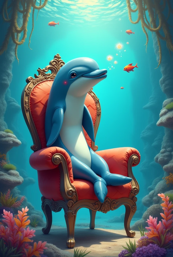 Create a colorful image of a dolphin sitting underwater on a chair with its fins crossed and blowing a kiss with its mouth