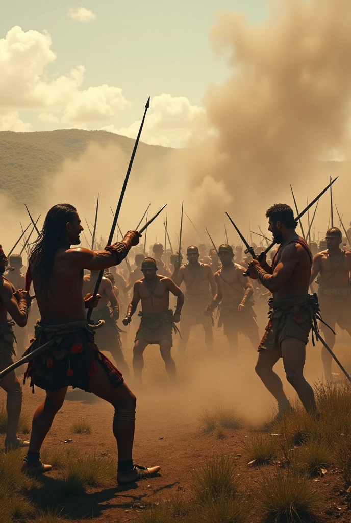 Battle scene between indigenous rebels and the Spanish army. Dust and confusion fill the air