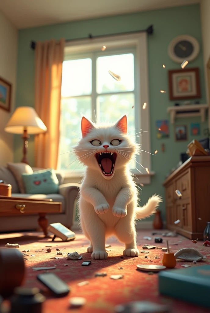 A chaotic scene in the living room with the zombie white cat knocking over items and causing havoc Pixar style