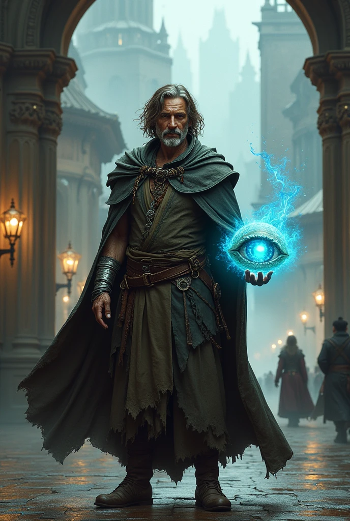 A middle aged magician with silver bracelets on his wrists. He has brown but graying hair. He wear a used and torne cape to hide his adventurer clothes and a floating purple ethereal eye is floating near him. The picture is tajen from afar and the man is standing next to the city gates