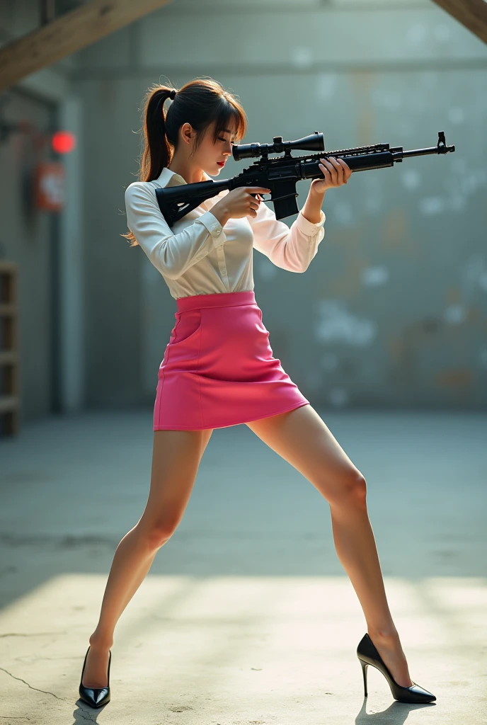 beautiful chinese office lady in pink mini skirt holding rifle aiming with legs spread shooting range target sweet face