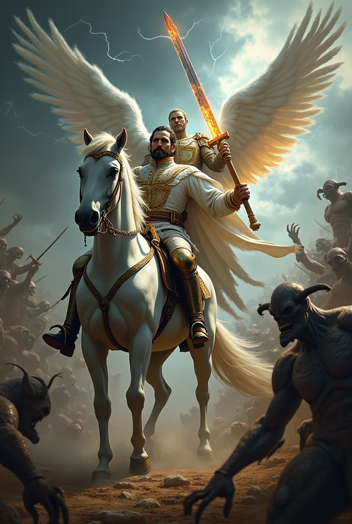 Bolivar on his white horse and Saint Michael the Archangel battling demons