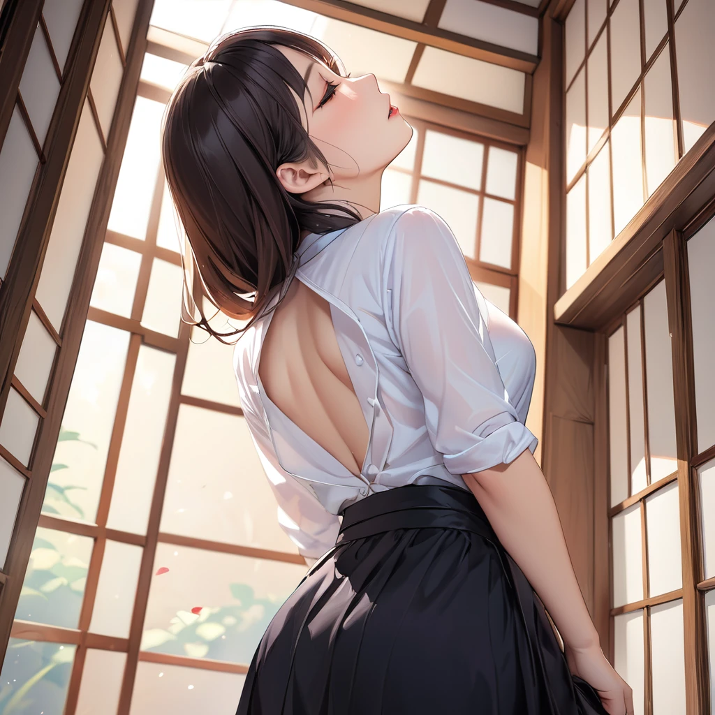 (masterpiece,of the highest quality,超High resolution),Japanese woman, pretty girl、look up, turned on her back, Don&#39;t look at the camera､ ((beautiful low ponytail)), super cute face, bright lips, Double eyelids on both eyes.,Natural smile、 Natural makeup, long eyelashes, Shiny and soft hair､central image, perfect limbs, perfect anatomy,(((long t-shirt with denim shorts)))、,(wet with sweat),, sky stars, at night, on the beach, waning quarter moon