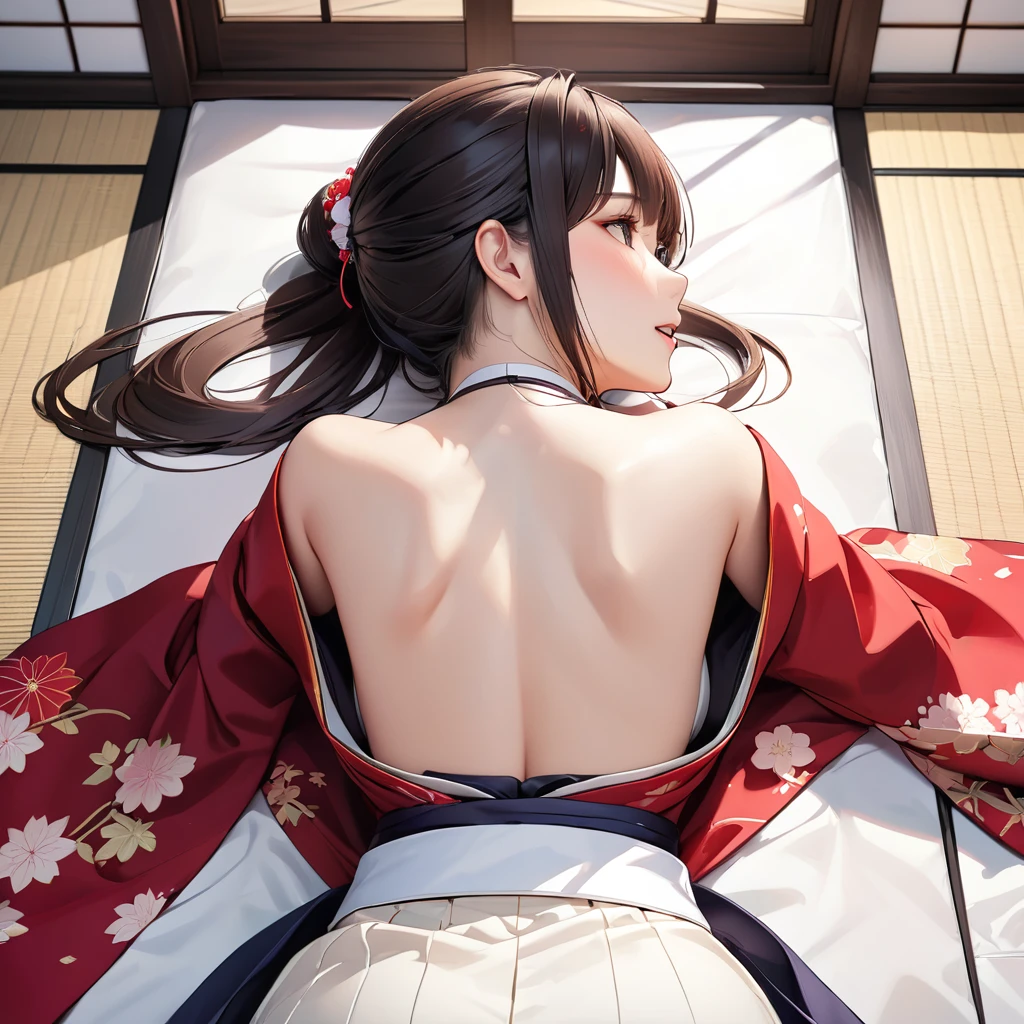 (masterpiece,of the highest quality,超High resolution),Japanese woman, pretty girl、look up, turned on her back, Don't look at the camera、 ((beautiful low ponytail)), super cute face, bright lips, Double eyelids on both eyes.,Natural smile、 Natural makeup, long eyelashes, Shiny and soft hair、central image, perfect limbs, perfect anatomy,(((long t-shirt with denim shorts)))、,(wet with sweat),, sky stars, at night, on the beach, waning quarter moon