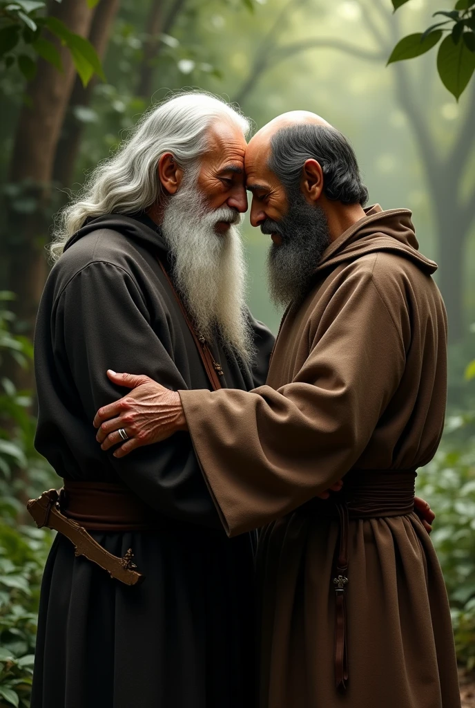 Create an image of old priest Cicero Romão Batista embracing Saint Francis of Assisi
